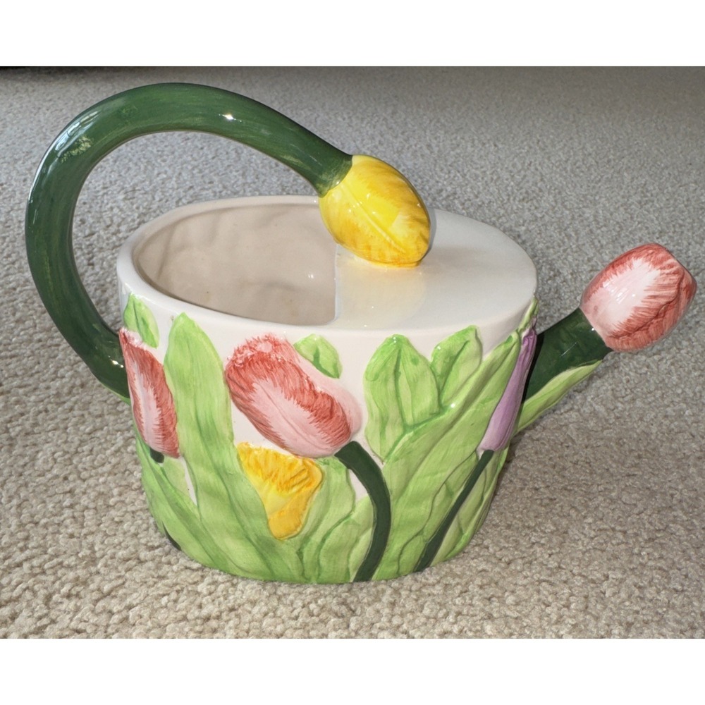 Vintage Tulip Watering Can Teapot Ceramic Spring Floral Decor/ Indoor Planter‎